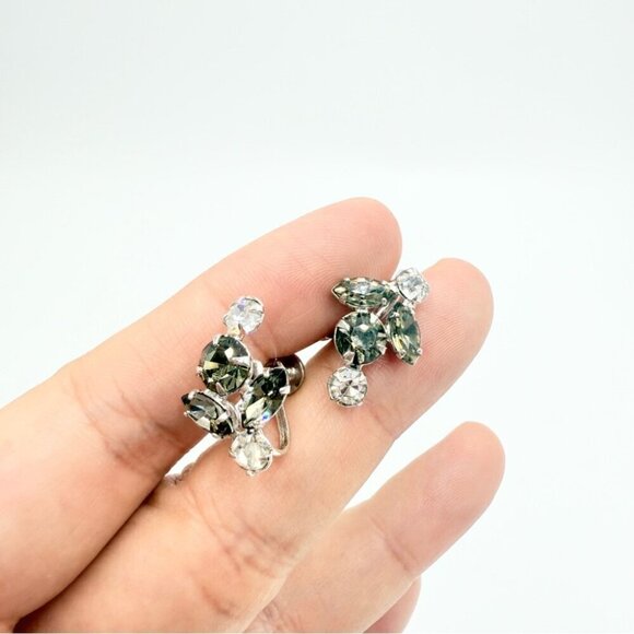 Vintage Black and Silver Clear Crystal Screwback Earrings - Picture 1 of 6